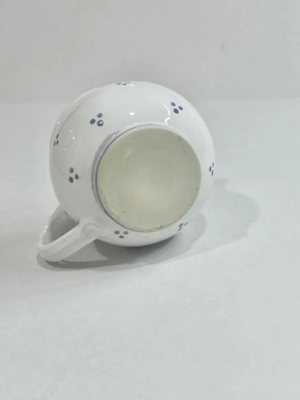 Vintage Ceramic Creamer with Handle Triple Dot Design Blue Line Rim White 3.5in